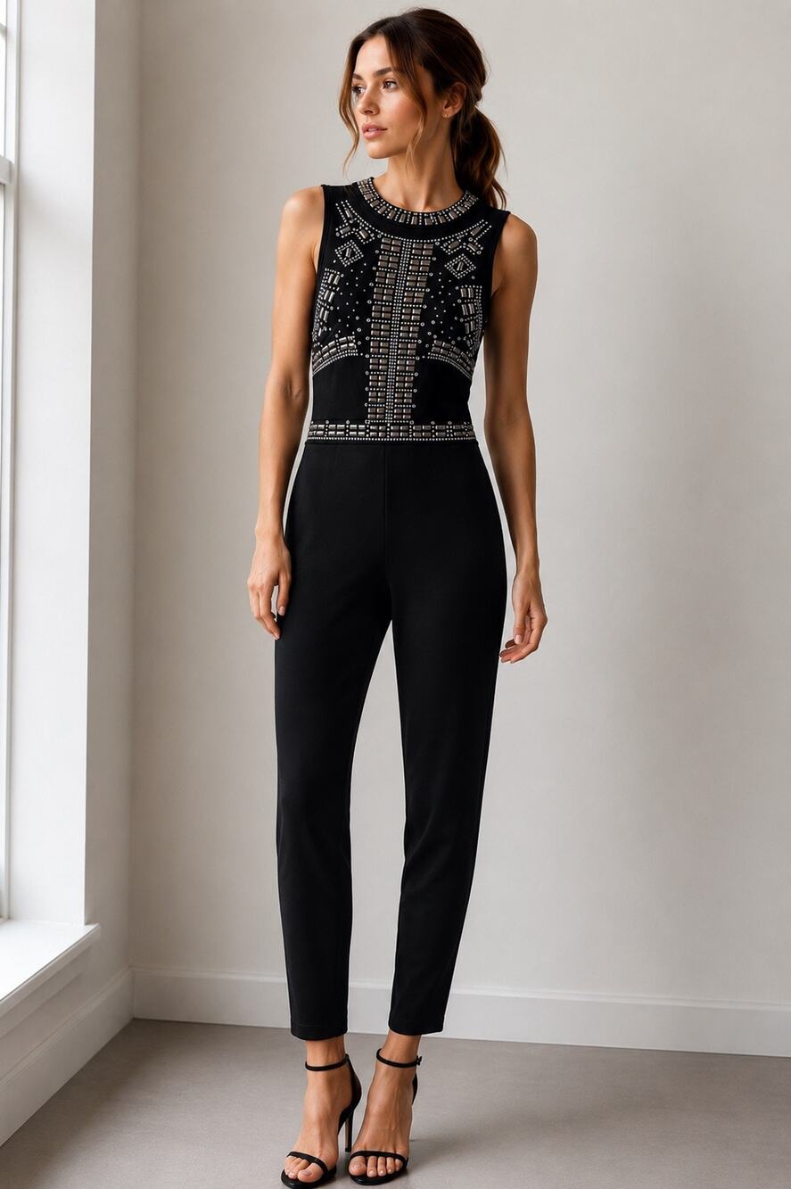 Cleo Black Rhinestone Embellished Sleeveless Jumpsuit High Neck Stretch Size S